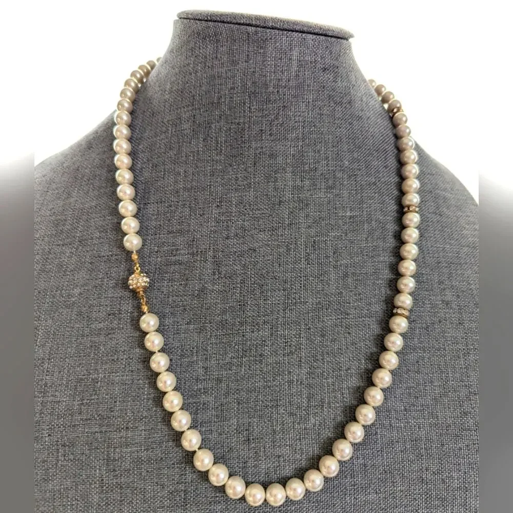 Vintage Classic Glass Faux Pearl Rhinestone Ornate Box Clasp Necklace 24